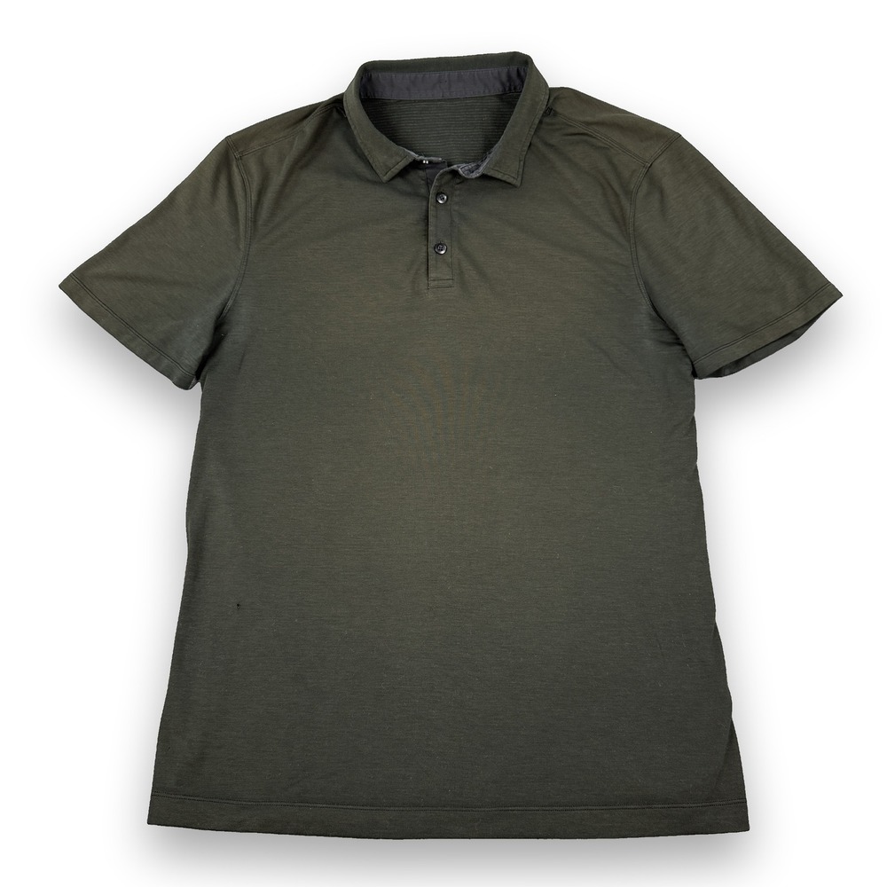 Lululemon Mens Expedition Polo Shirt Dark Olive Green Size L Short Sleeve Flawed